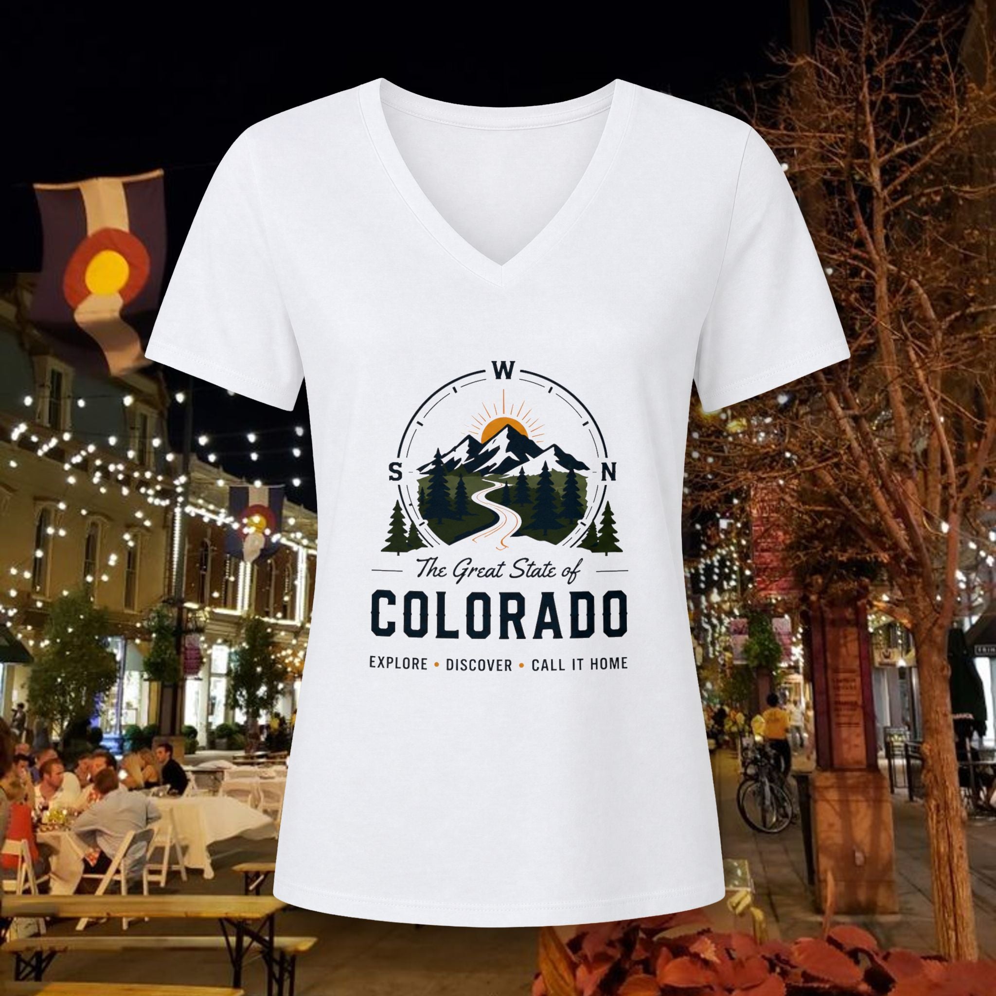 Compass Colorado Mountain V-Neck Tee — The Great State of Colorado Graphic
