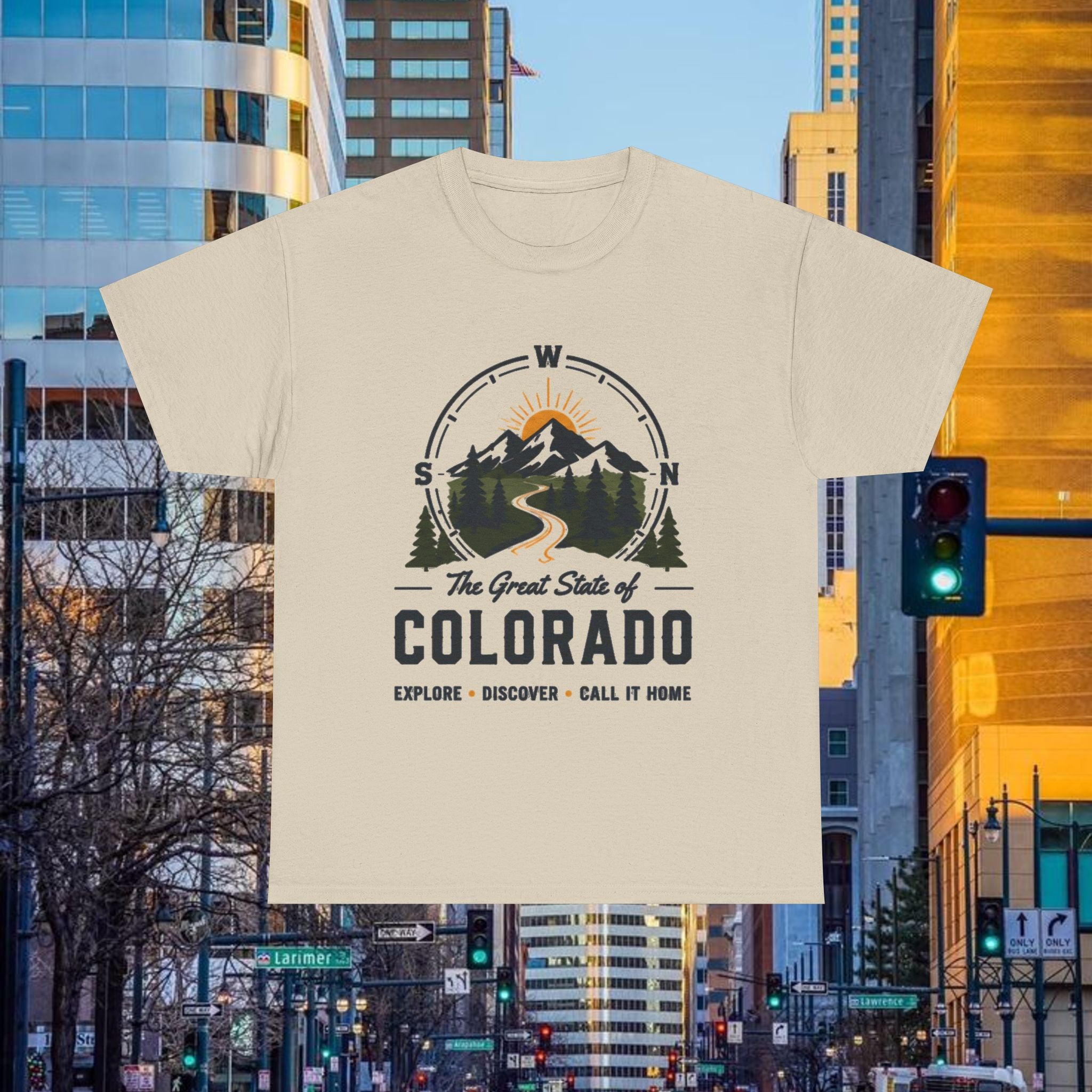 Compass Front Great State of Colorado mountain design T-Shirt | Colorado flag sun emblem