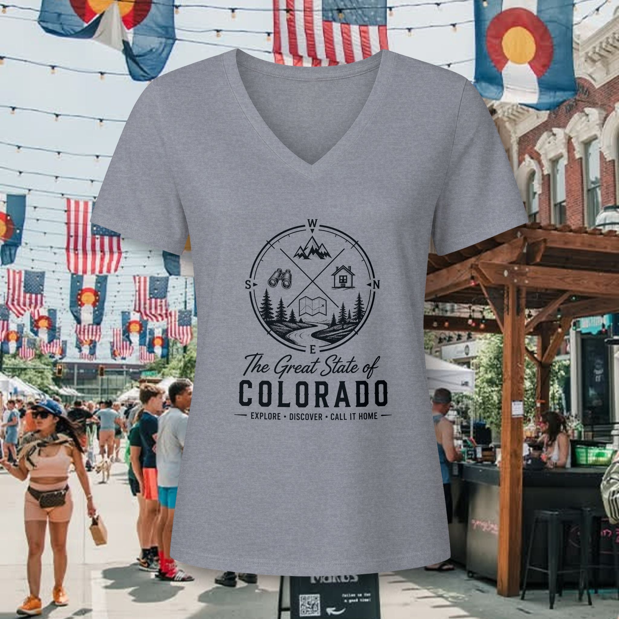 Heritage Colorado Adventure V-Neck Tee — "The Great State of Colorado" Outdoor Mountain Travel Shirt