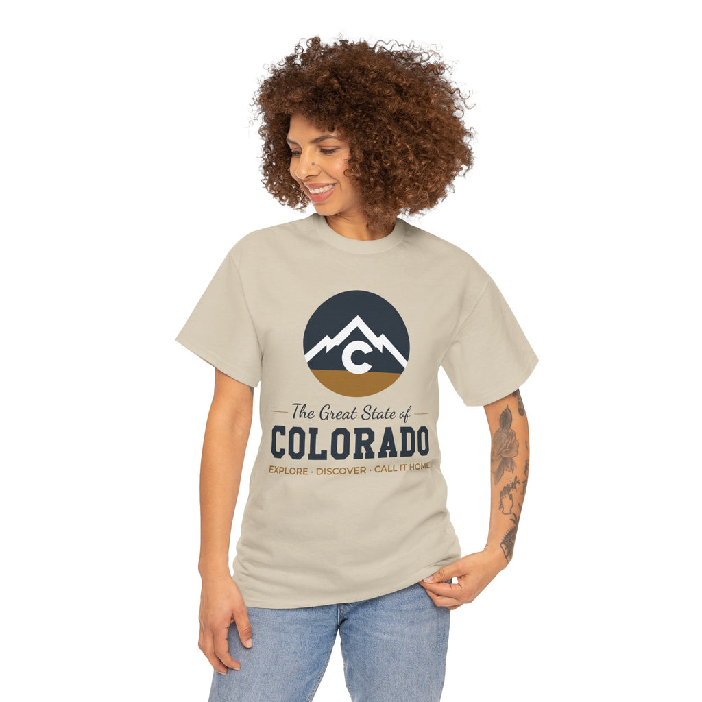 Modern Full Front Mountain Logo T-Shirt — "The Great State of Colorado" Explore Discover Call It Home