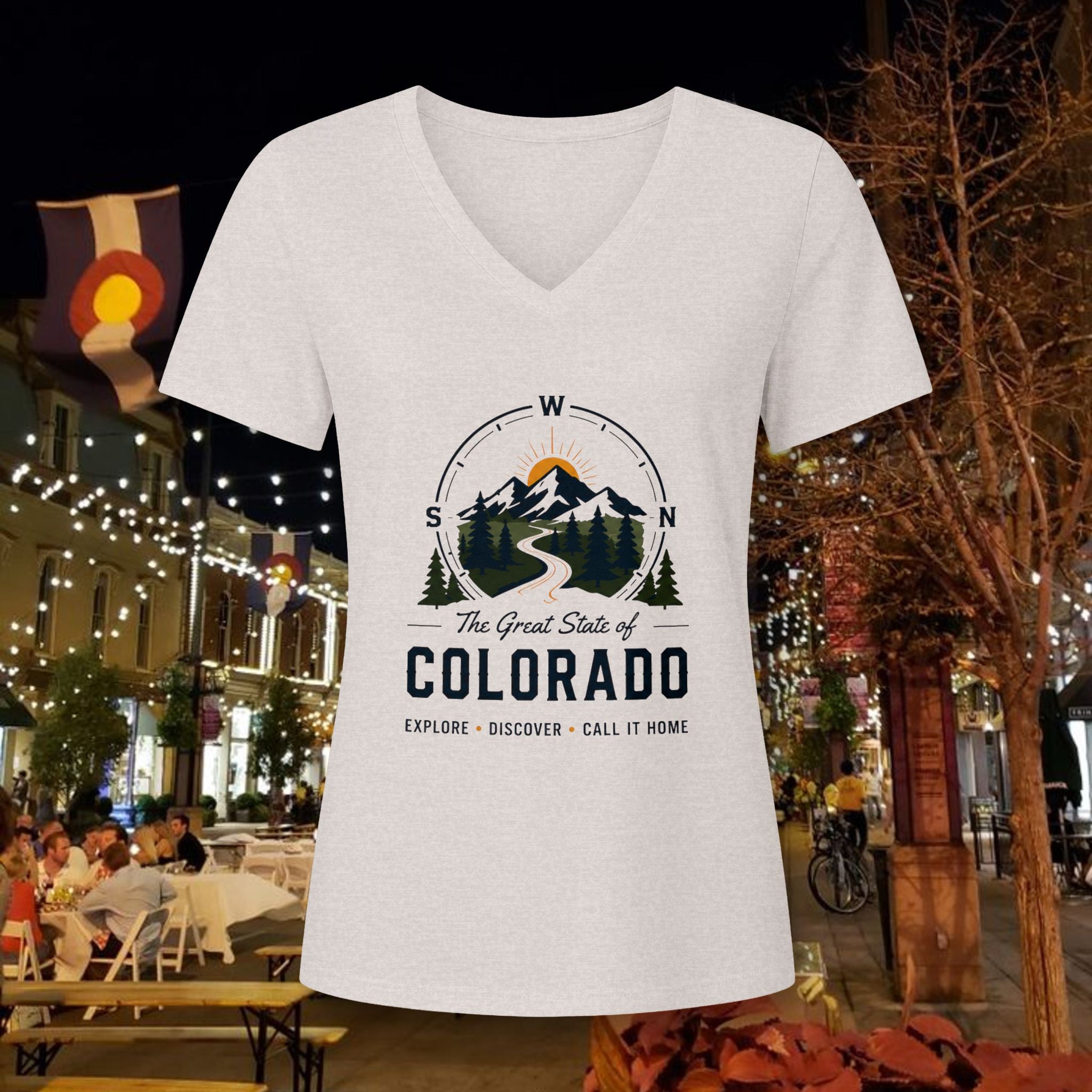 Compass Colorado Mountain V-Neck Tee — The Great State of Colorado Graphic