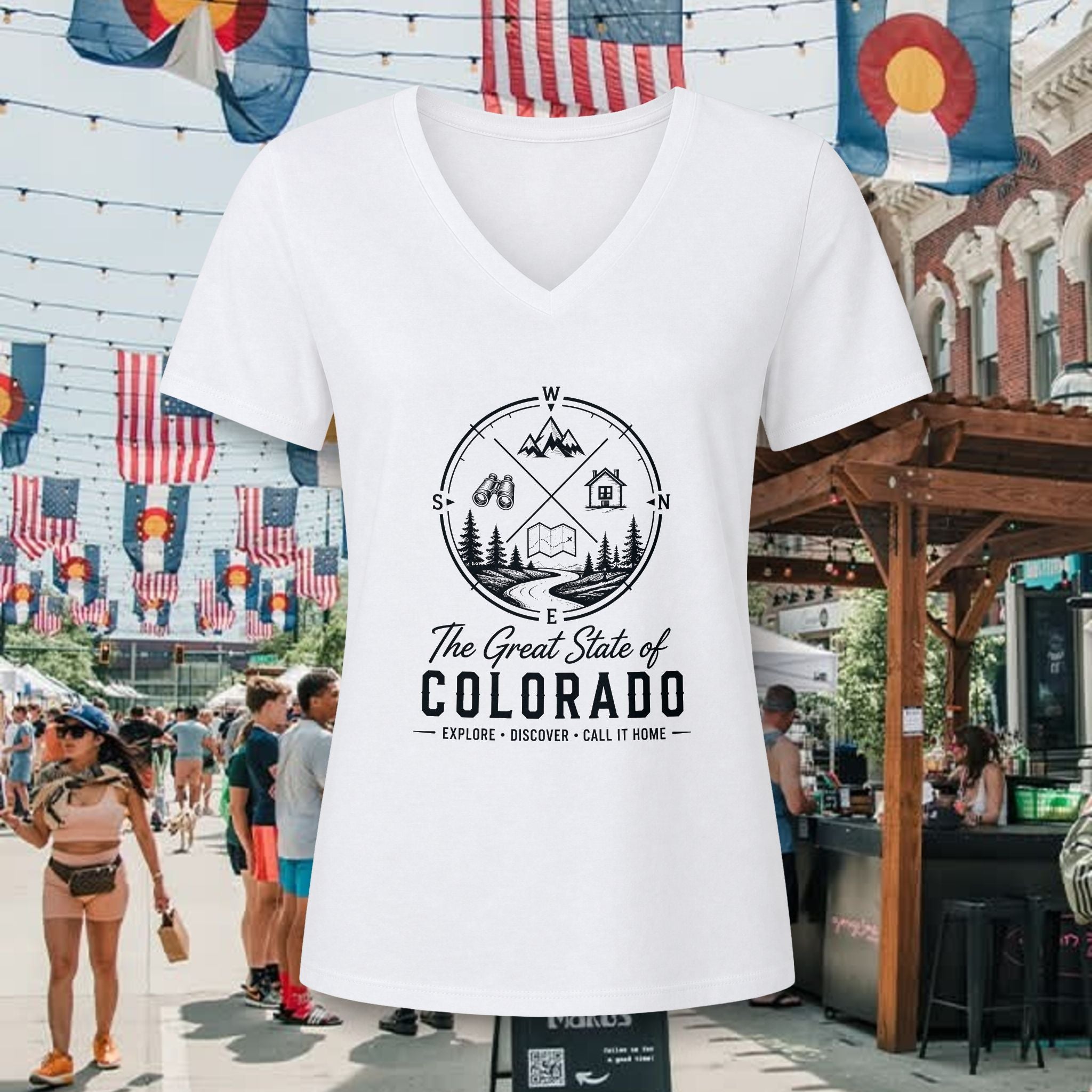 Heritage Colorado Adventure V-Neck Tee — "The Great State of Colorado" Outdoor Mountain Travel Shirt