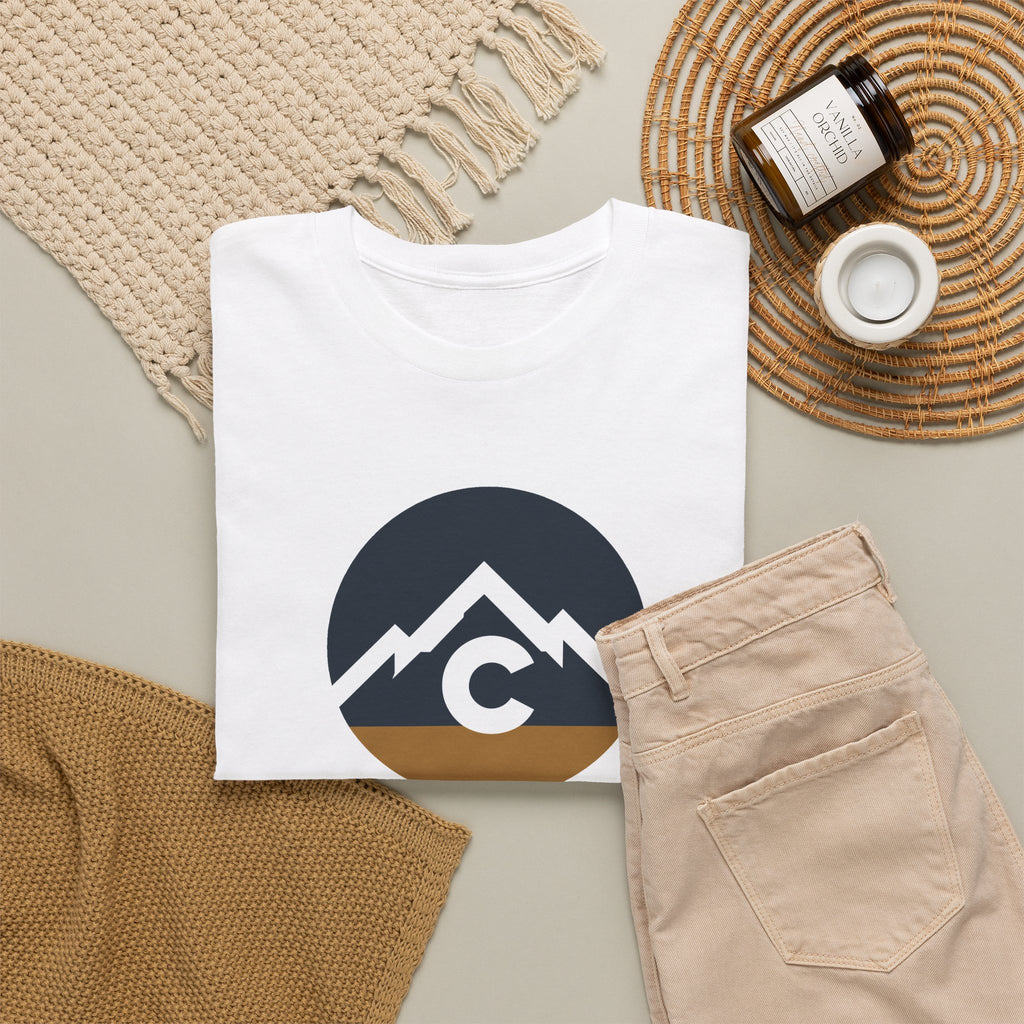 Modern Full Front Mountain Logo T-Shirt — "The Great State of Colorado" Explore Discover Call It Home