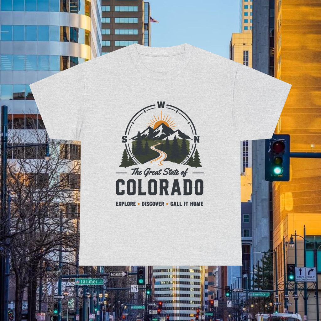 Compass Front Great State of Colorado mountain design T-Shirt | Colorado flag sun emblem