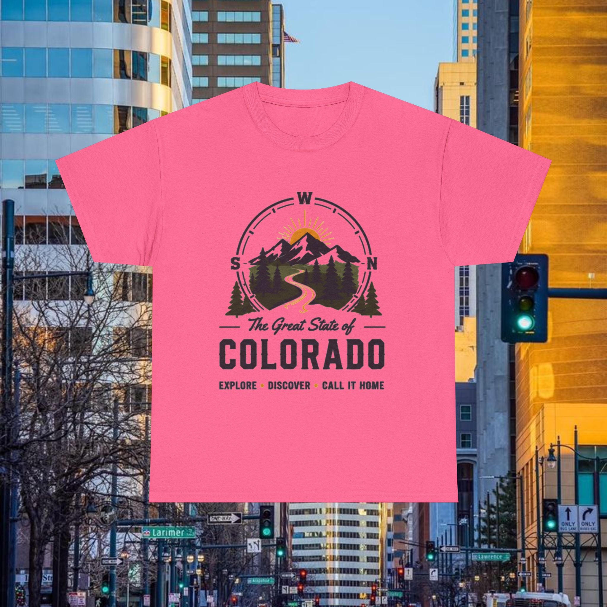 Compass Front Great State of Colorado mountain design T-Shirt | Colorado flag sun emblem
