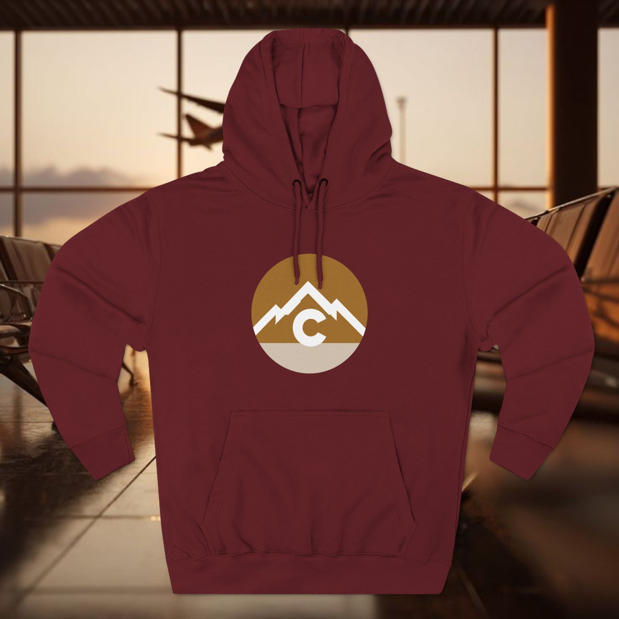 Mountain Circle Hoodie — Retro Sunrise Outdoor Logo