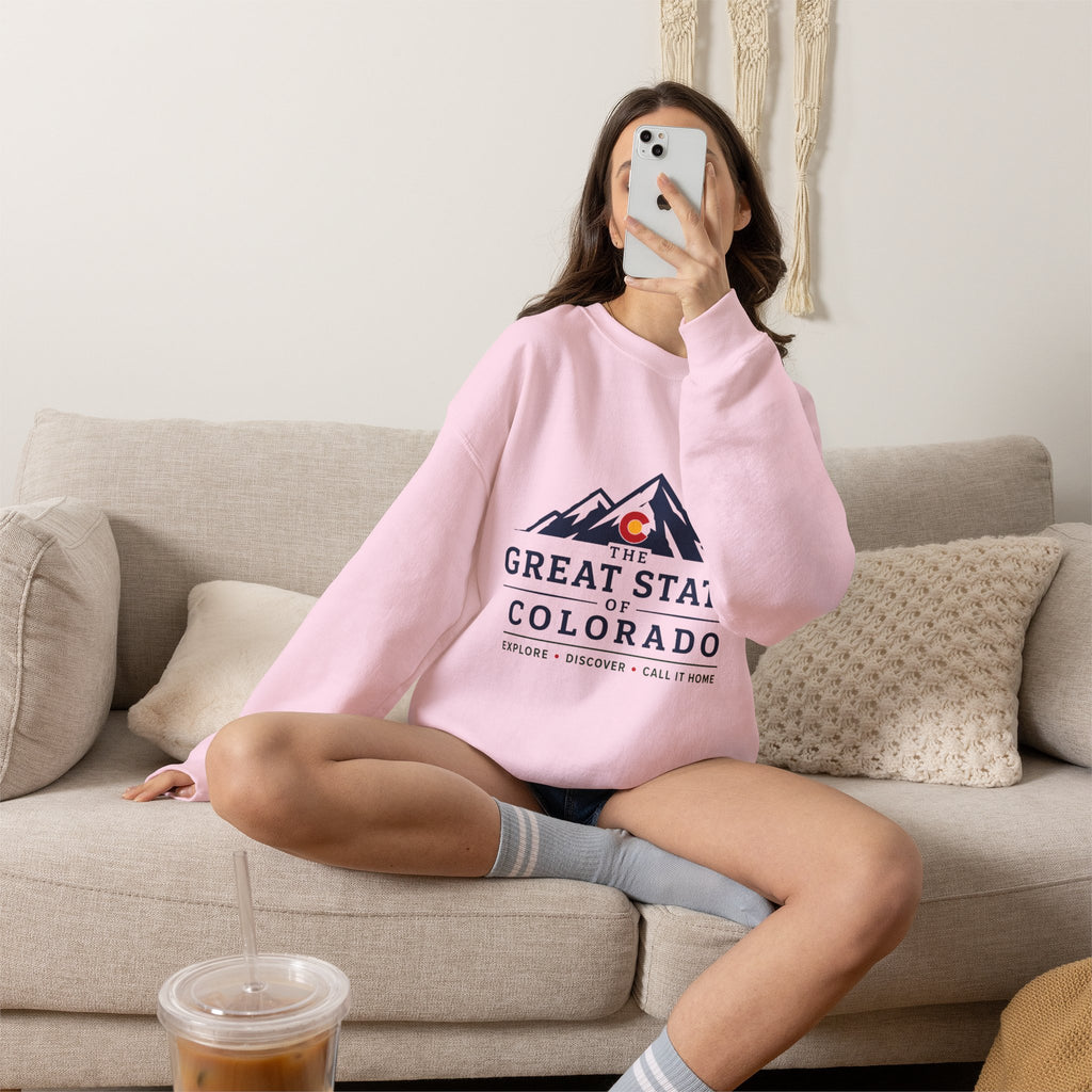 Colorado Mountains Crewneck Sweatshirt — "The Great State of Colorado" Graphic
