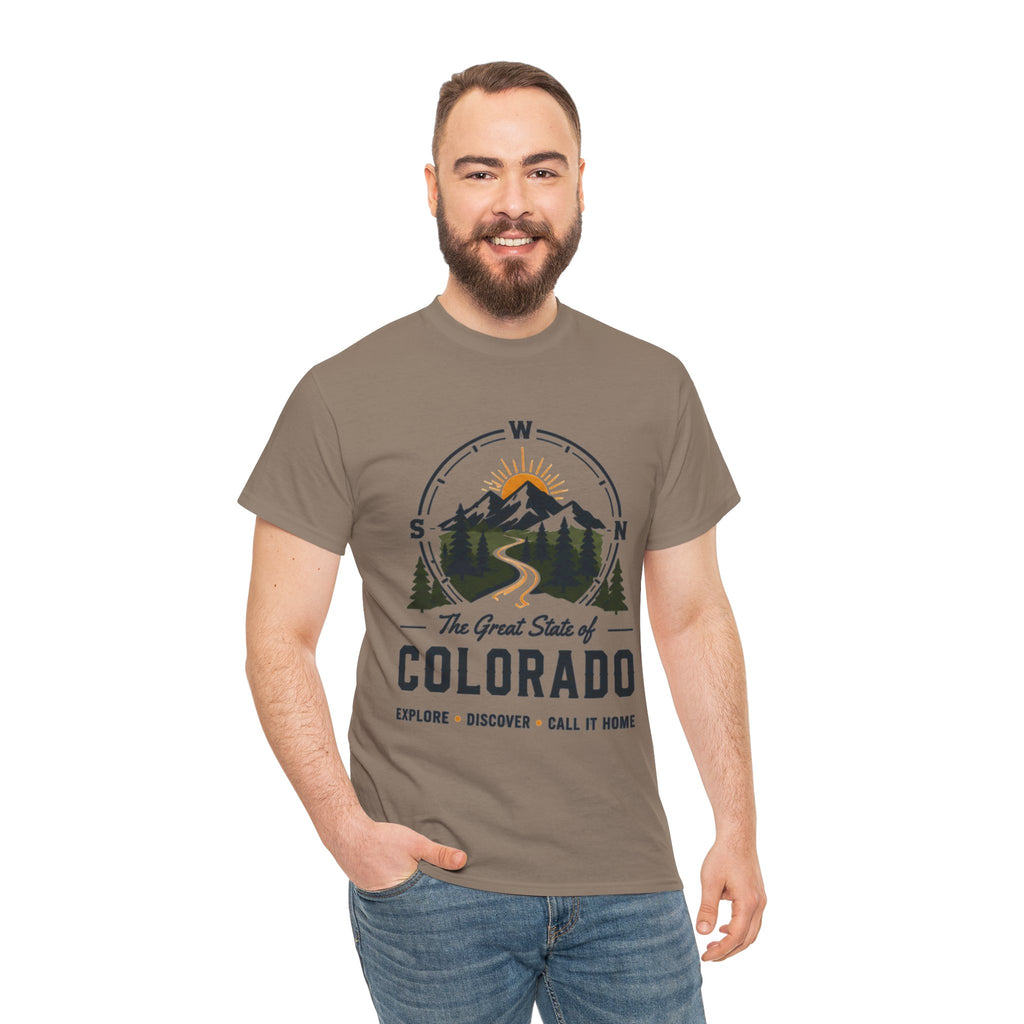 Compass Front Great State of Colorado mountain design T-Shirt | Colorado flag sun emblem