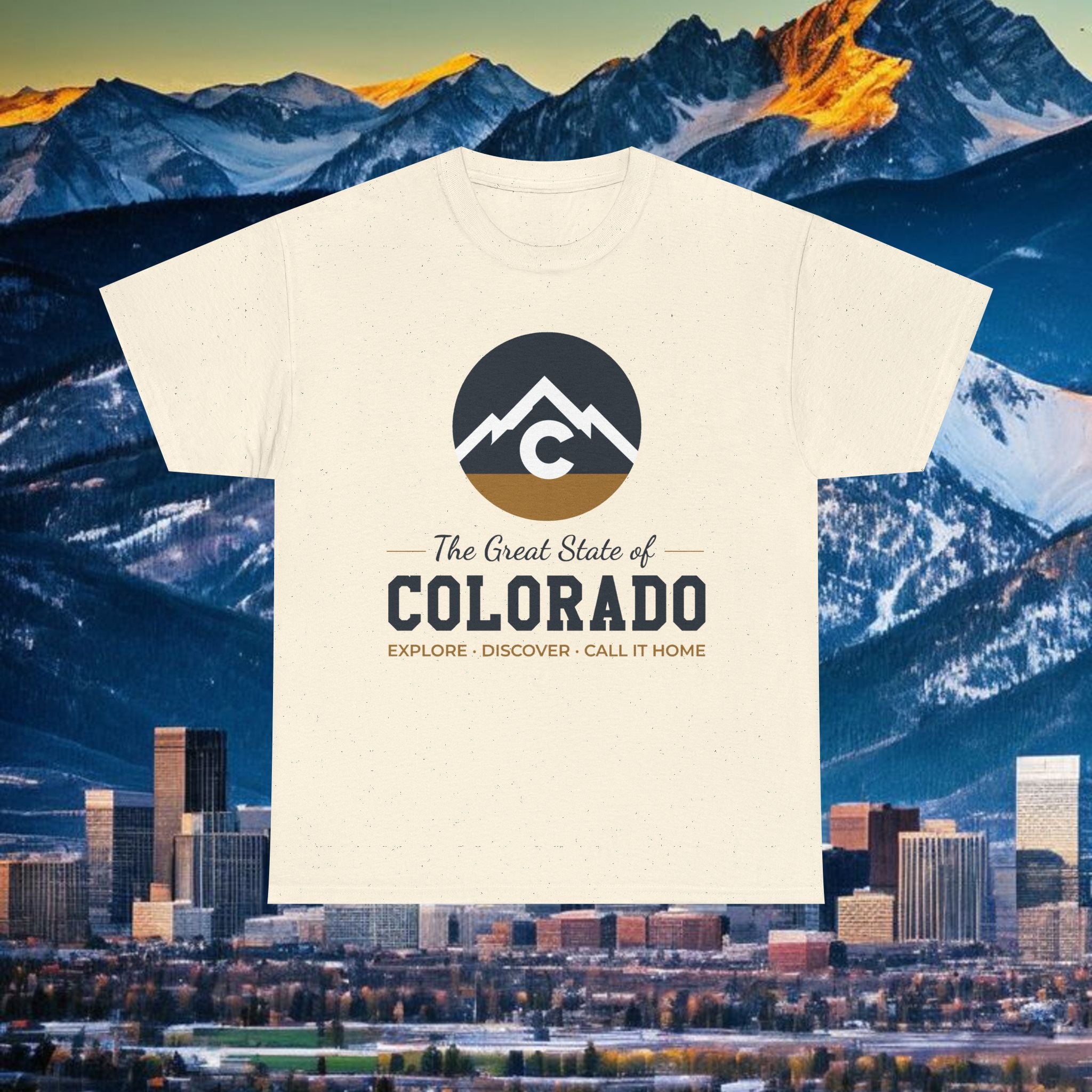 Modern Full Front Mountain Logo T-Shirt — "The Great State of Colorado" Explore Discover Call It Home