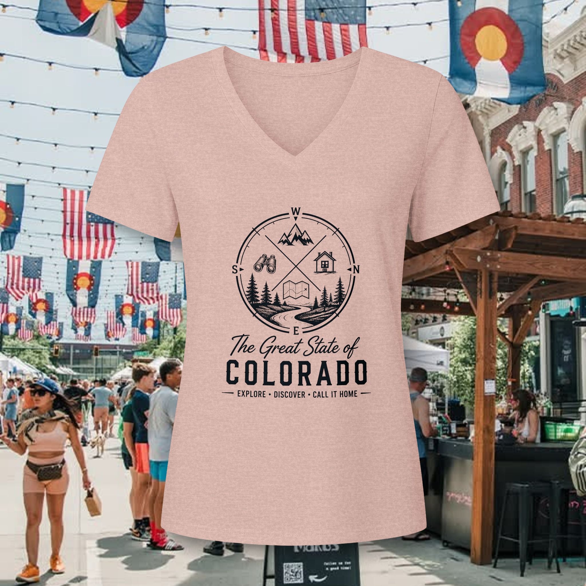 Heritage Colorado Adventure V-Neck Tee — "The Great State of Colorado" Outdoor Mountain Travel Shirt