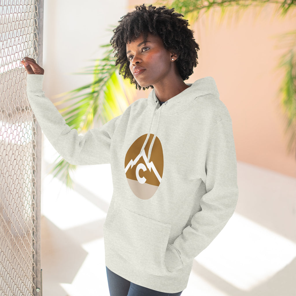 Mountain Circle Hoodie — Retro Sunrise Outdoor Logo