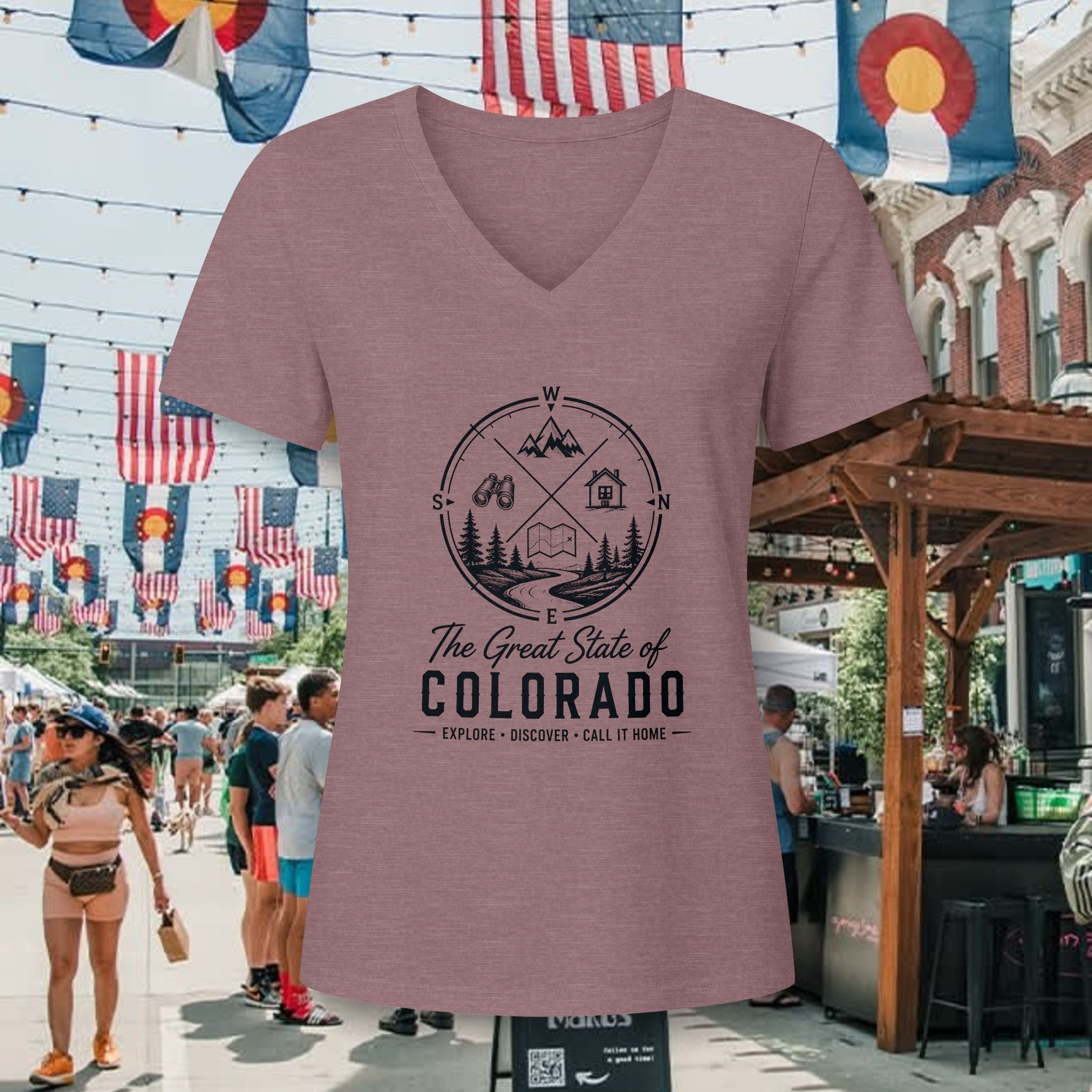 Heritage Colorado Adventure V-Neck Tee — "The Great State of Colorado" Outdoor Mountain Travel Shirt
