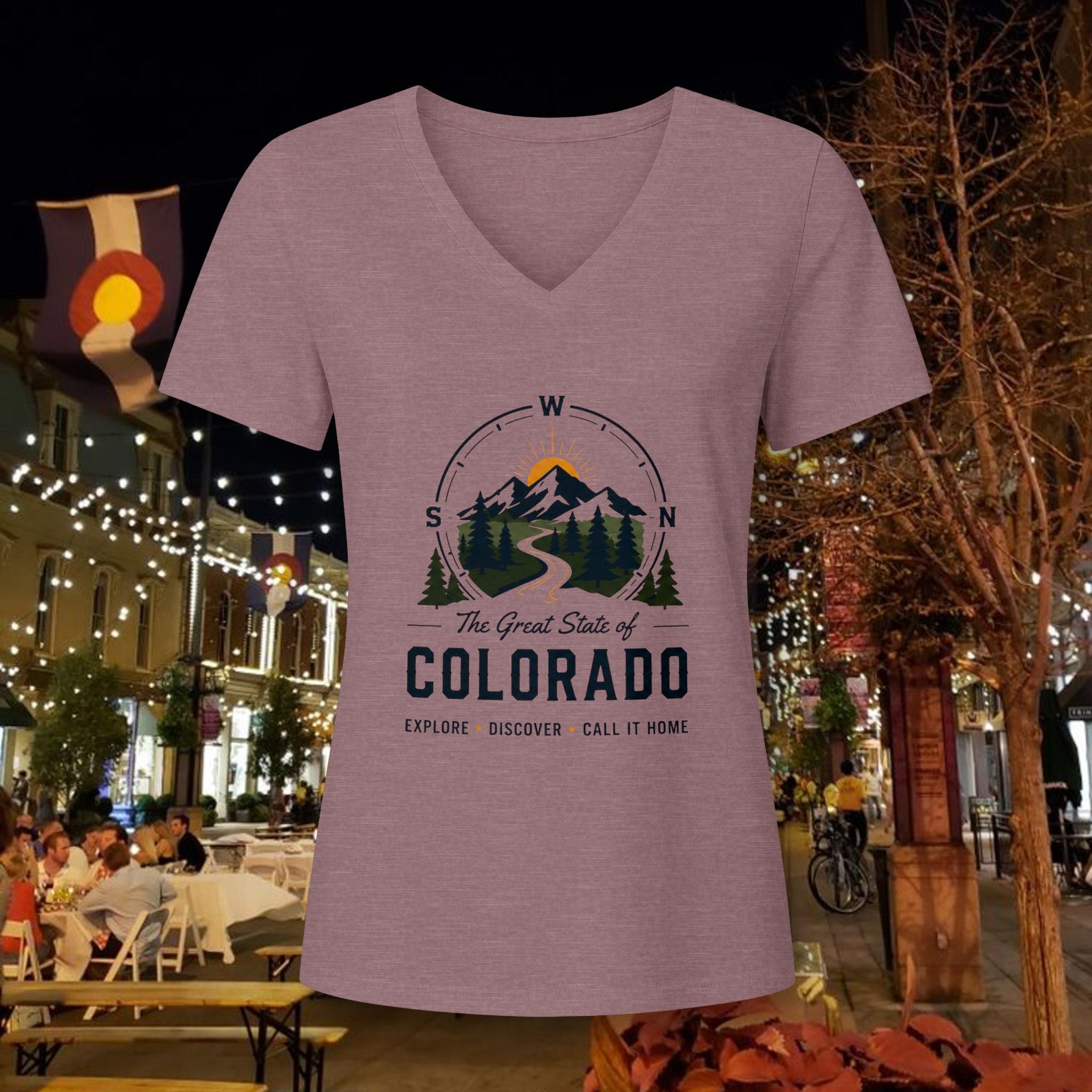 Compass Colorado Mountain V-Neck Tee — The Great State of Colorado Graphic