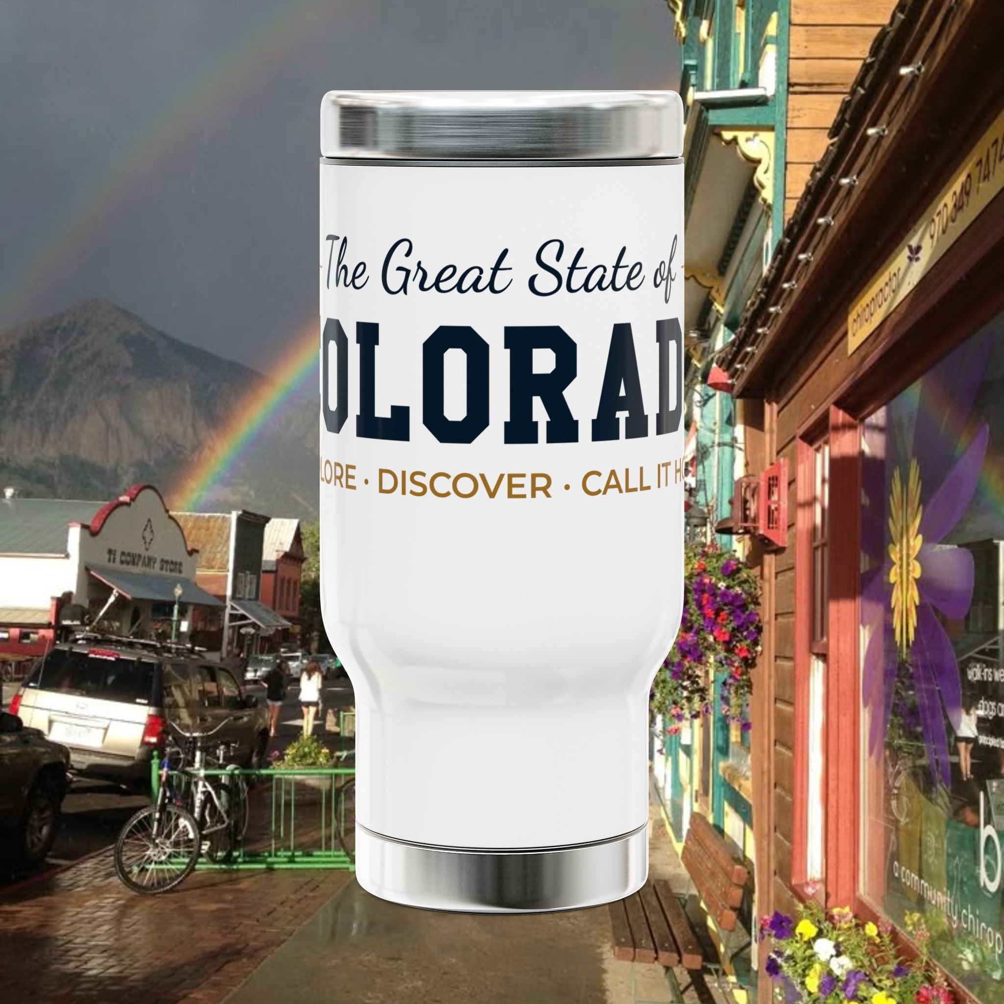 Colorado Travel Mug – "The Great State of Colorado" 14oz Stainless Steel Tumbler with Handle