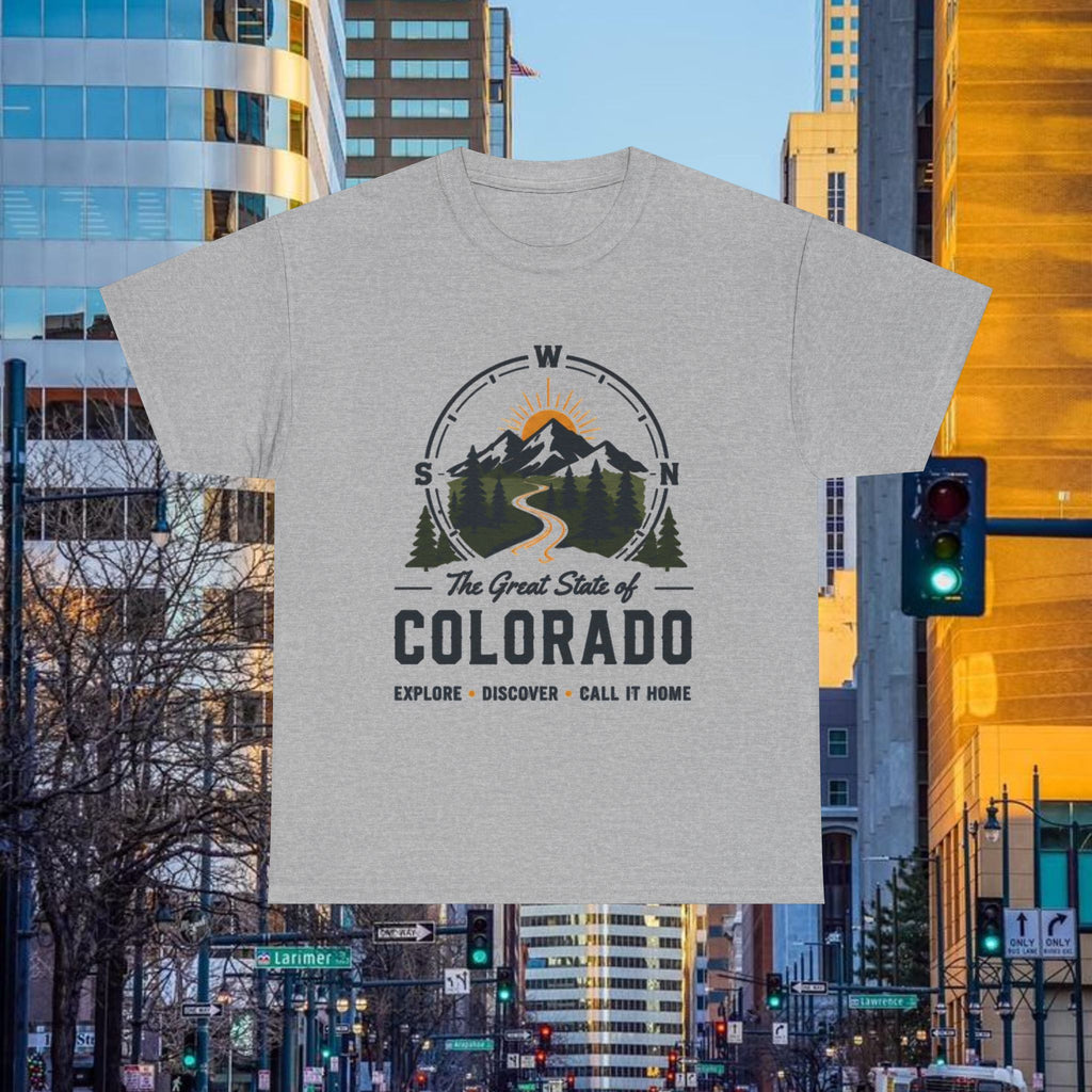 Compass Front Great State of Colorado mountain design T-Shirt | Colorado flag sun emblem