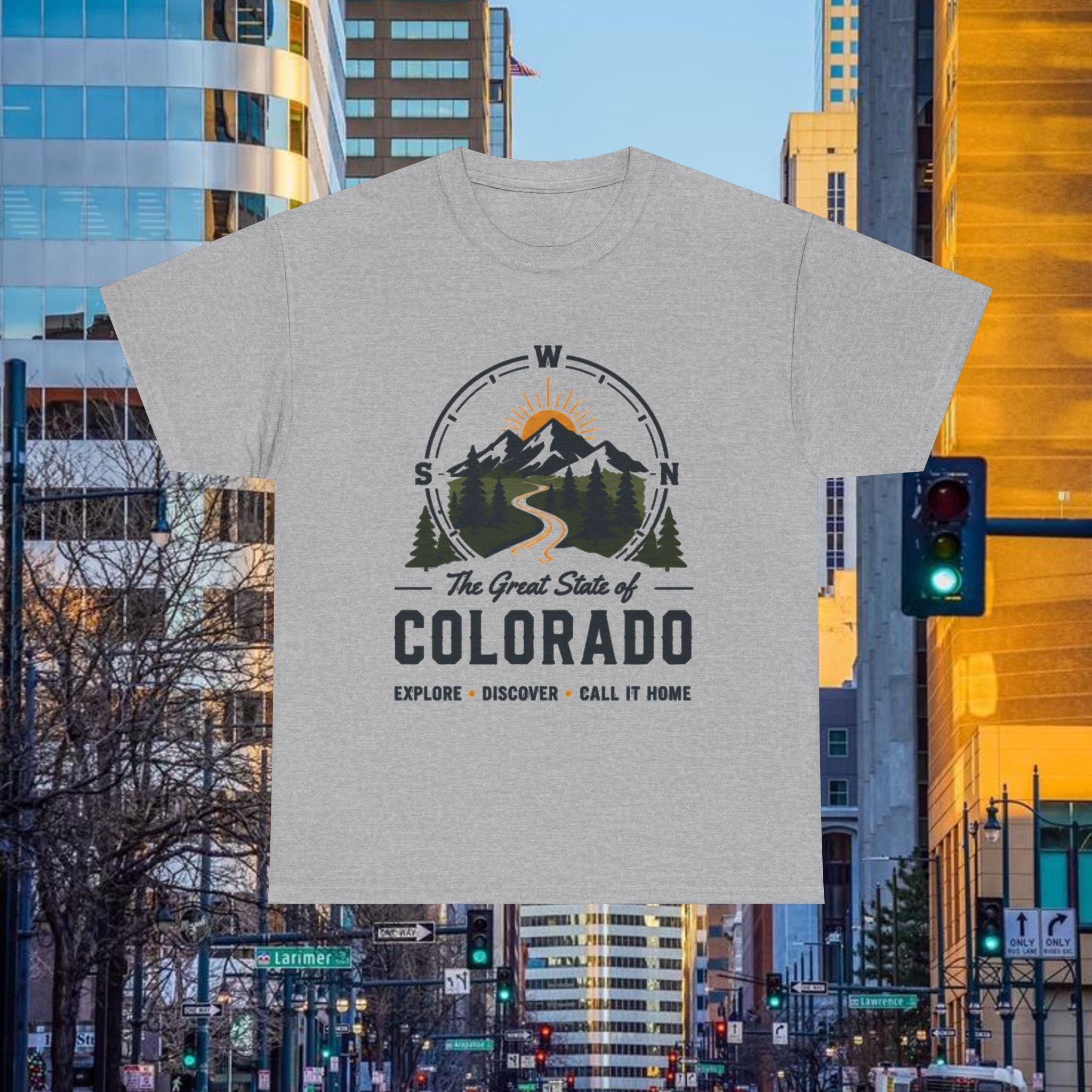 Compass Front Great State of Colorado mountain design T-Shirt | Colorado flag sun emblem