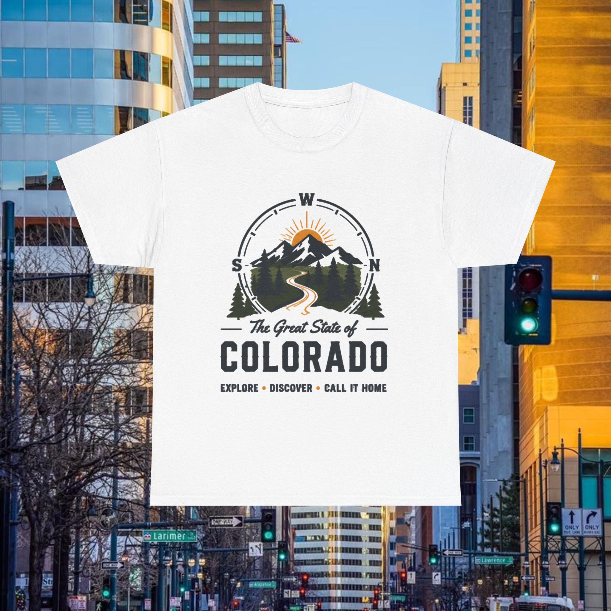Compass Front Great State of Colorado mountain design T-Shirt | Colorado flag sun emblem
