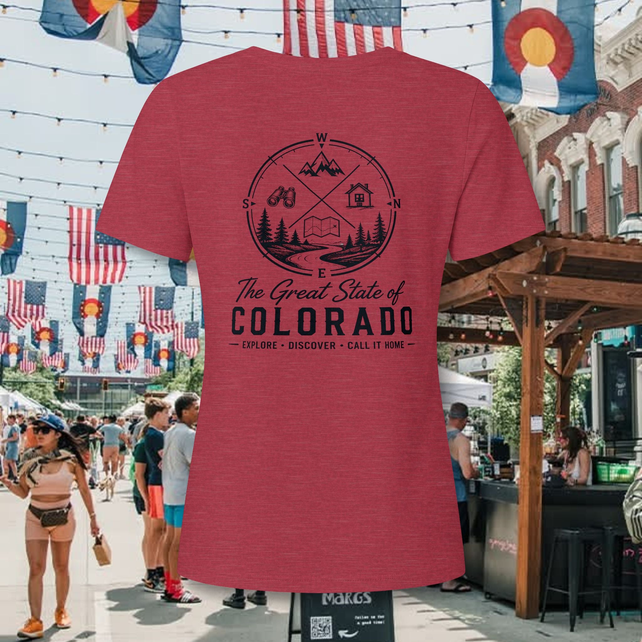 Heritage Back Colorado Outdoor V-Neck Tee — "The Great State of Colorado" Adventure Graphic