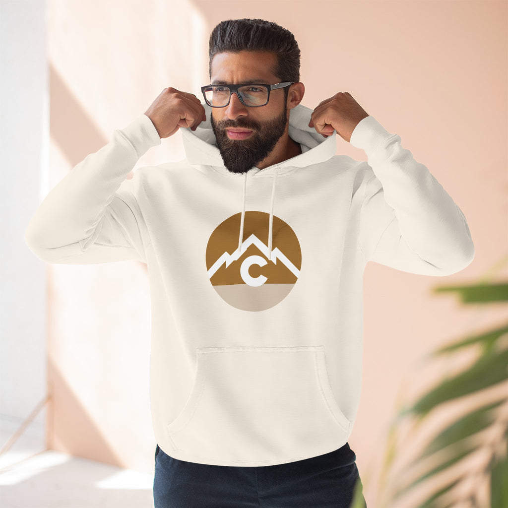 Mountain Circle Hoodie — Retro Sunrise Outdoor Logo