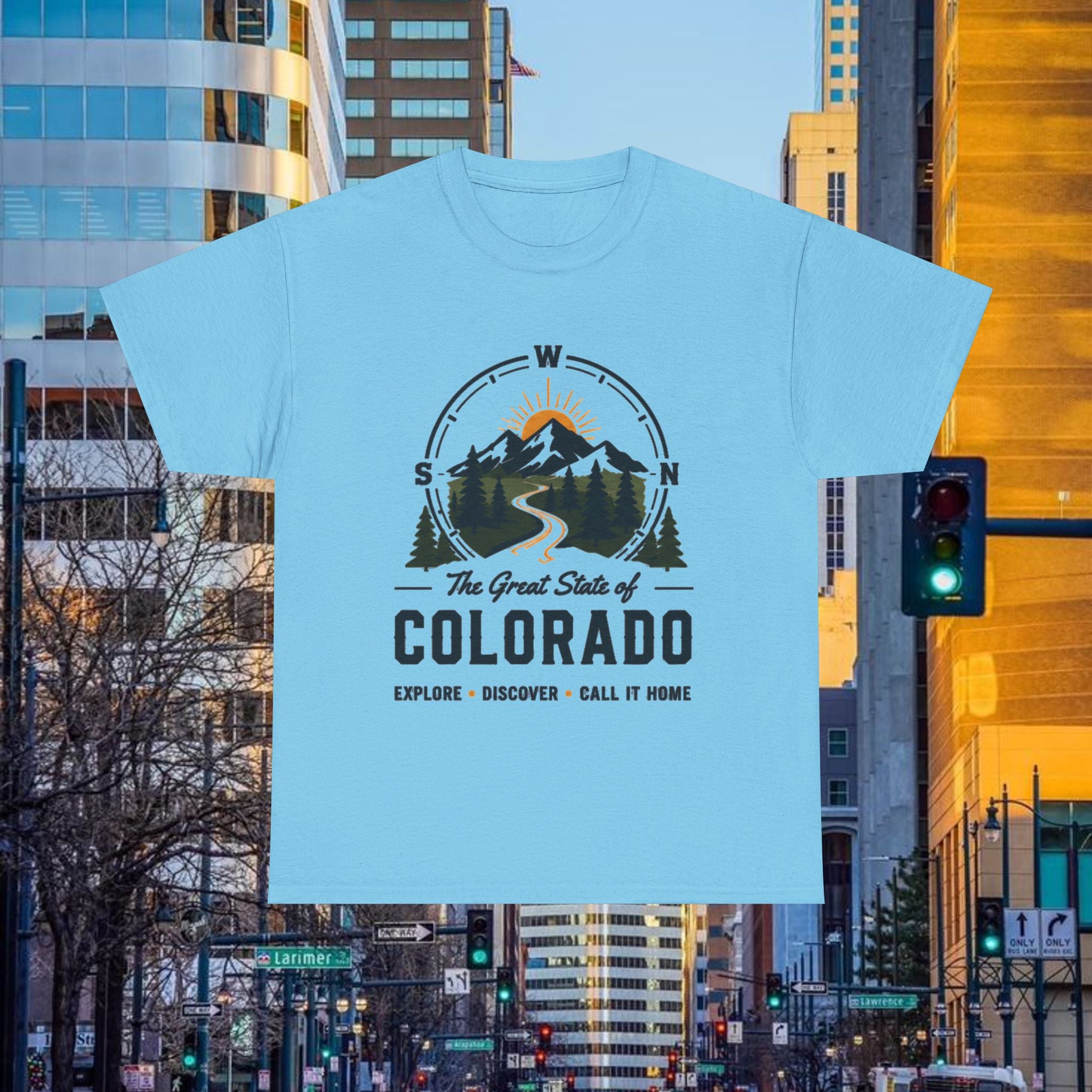 Compass Front Great State of Colorado mountain design T-Shirt | Colorado flag sun emblem