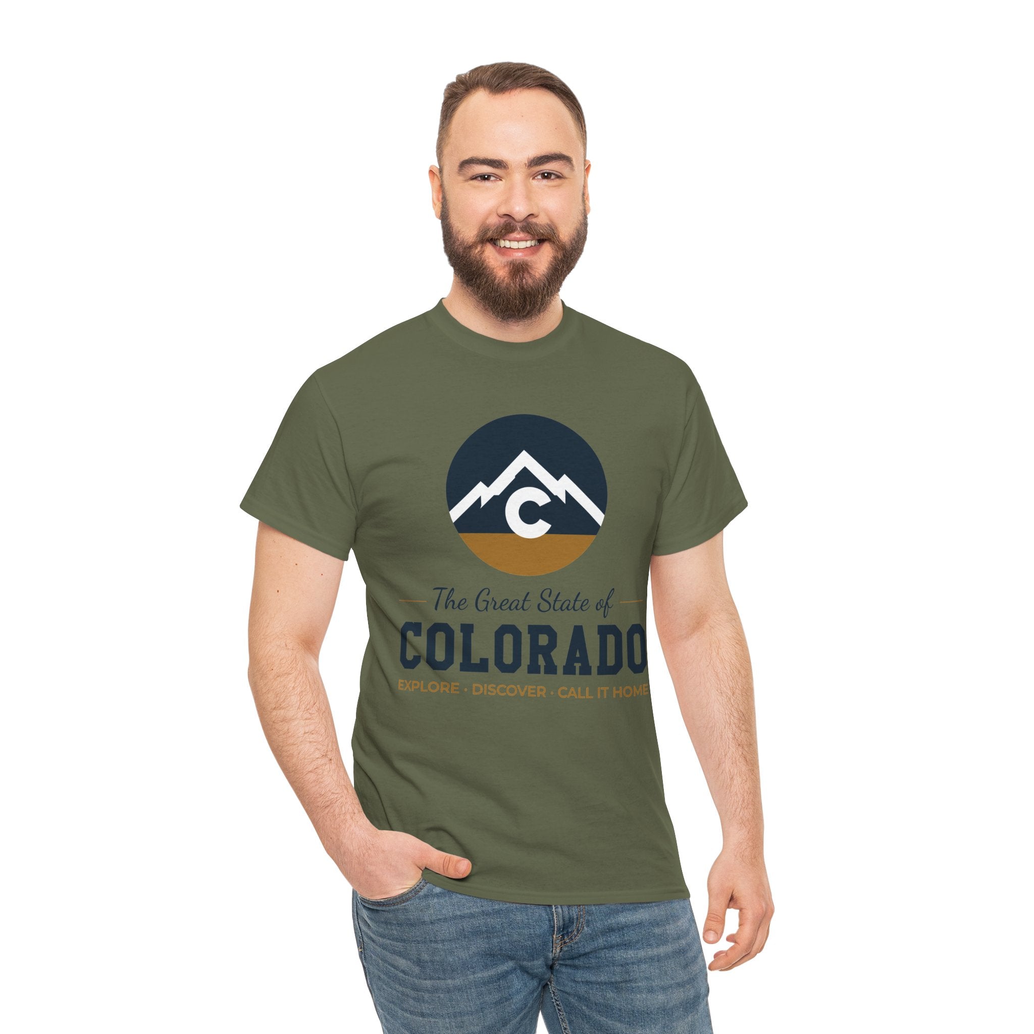 Modern Full Front Mountain Logo T-Shirt — "The Great State of Colorado" Explore Discover Call It Home