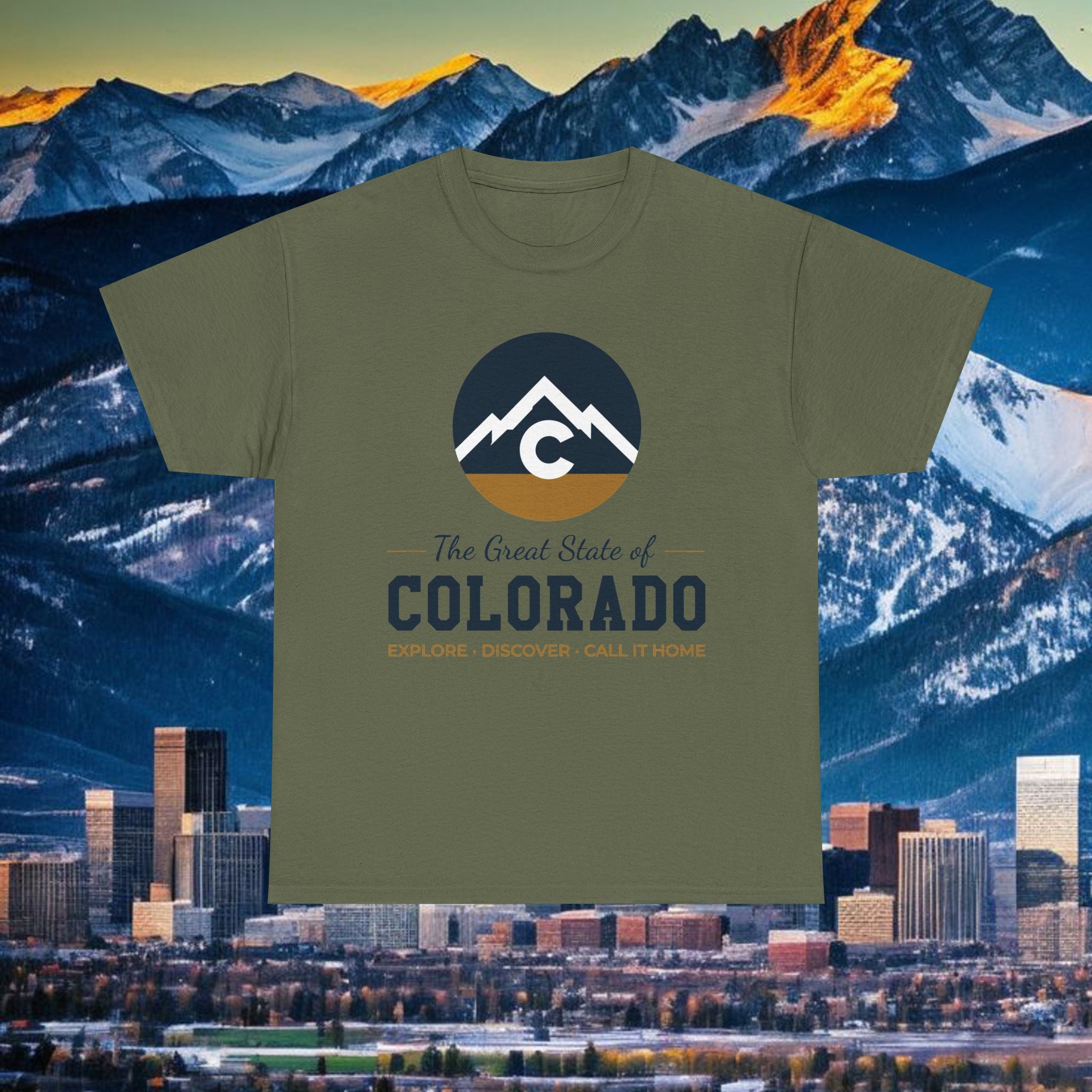 Modern Full Front Mountain Logo T-Shirt — "The Great State of Colorado" Explore Discover Call It Home