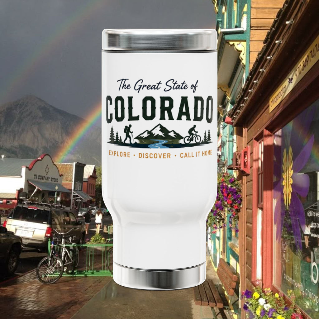 Colorado Travel Mug - 'The Great State of Colorado' 14oz Stainless Steel Tumbler with Handle, Outdoor Adventure Design