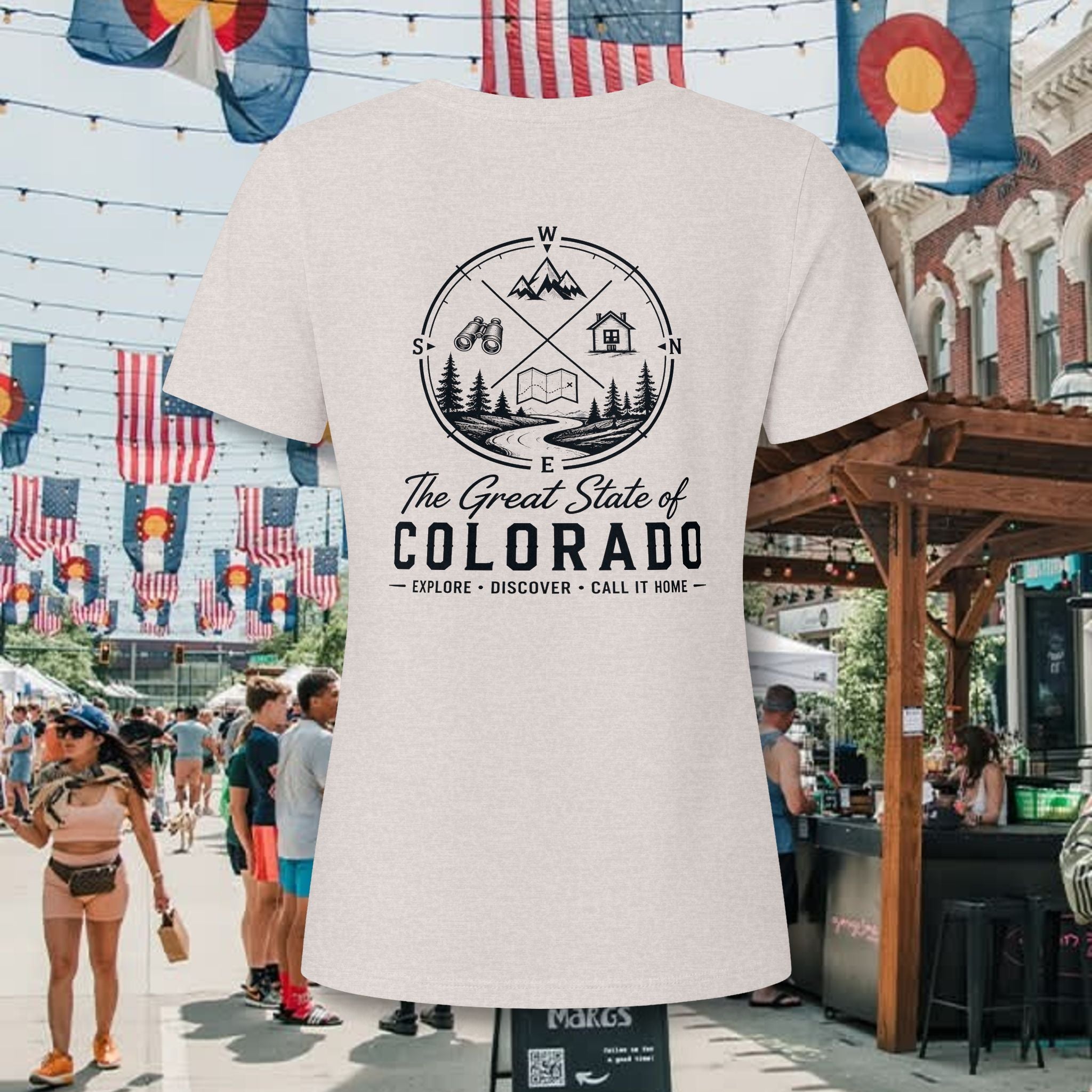 Heritage Back Colorado Outdoor V-Neck Tee — "The Great State of Colorado" Adventure Graphic