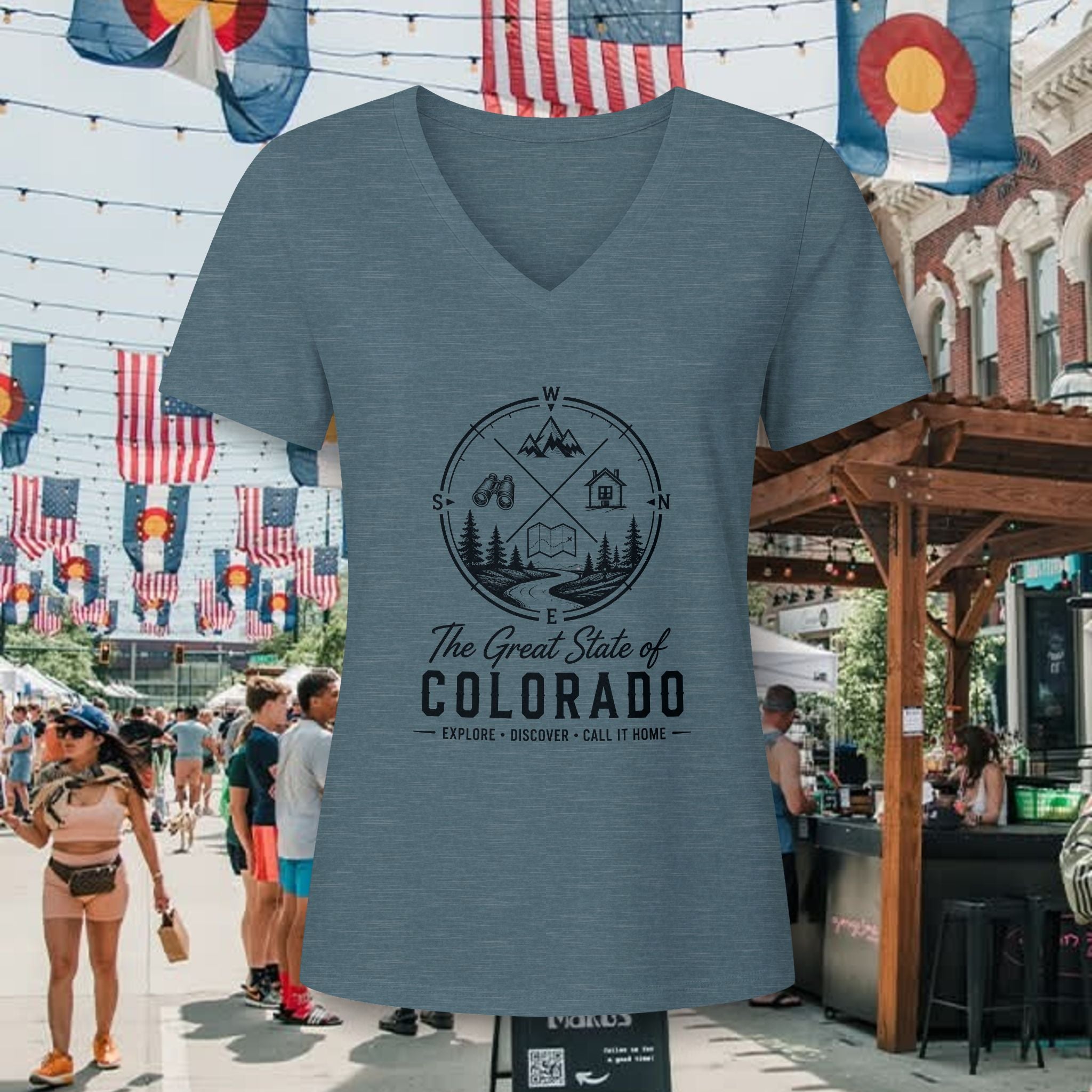 Heritage Colorado Adventure V-Neck Tee — "The Great State of Colorado" Outdoor Mountain Travel Shirt