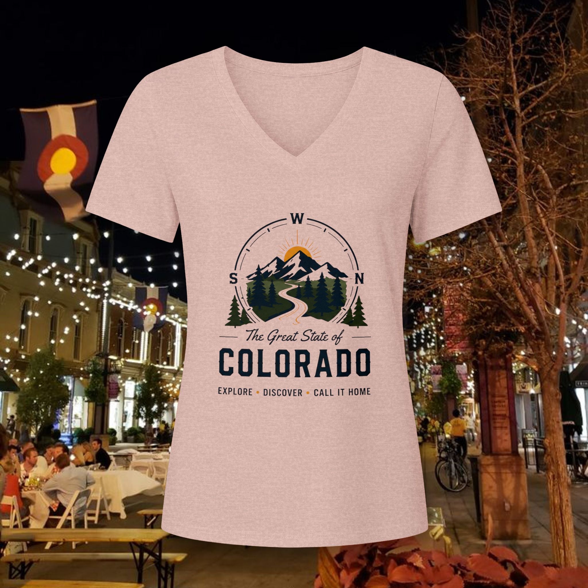 Compass Colorado Mountain V-Neck Tee — The Great State of Colorado Graphic