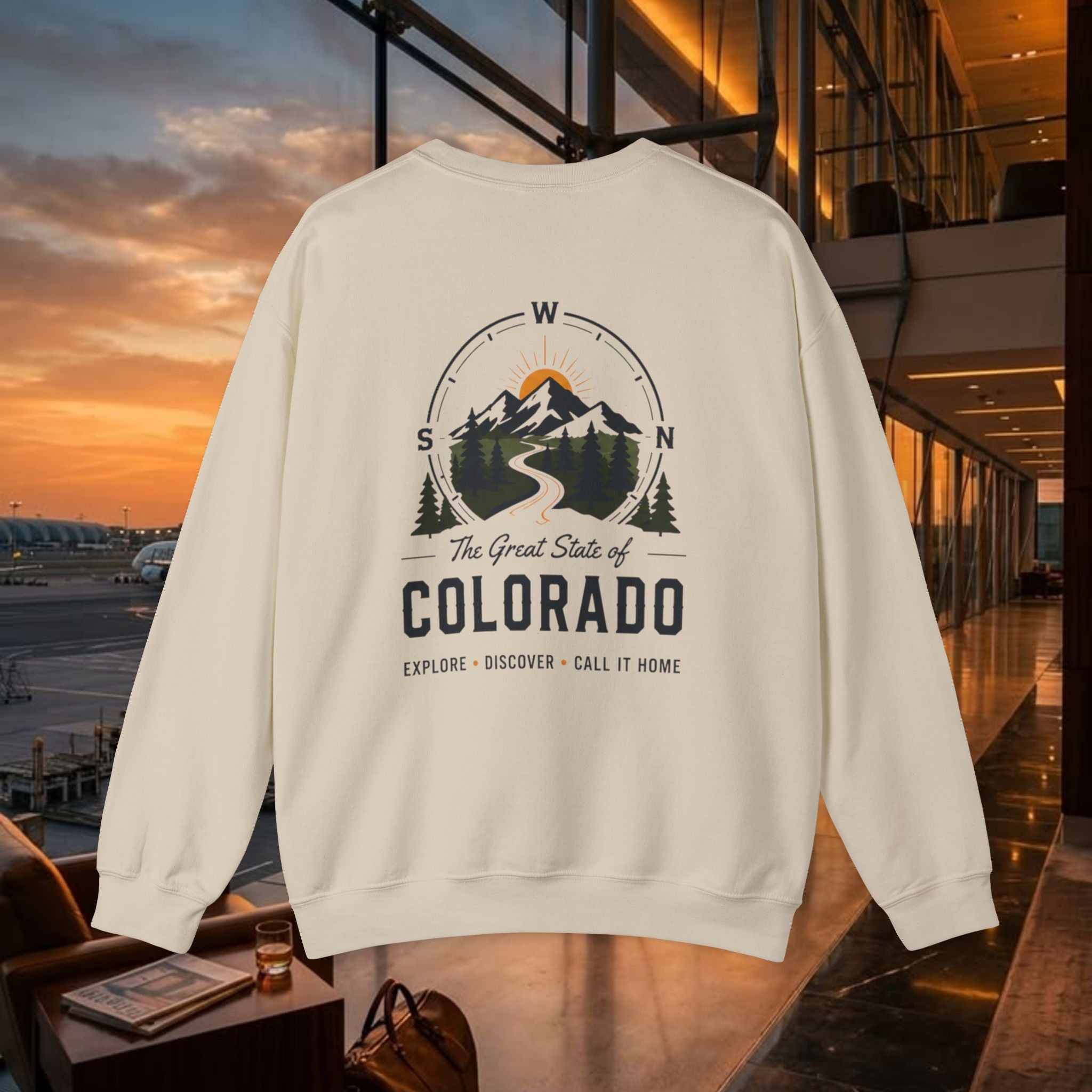 Compass Colorado Mountain Crewneck Sweatshirt — The Great State of Colorado Graphic