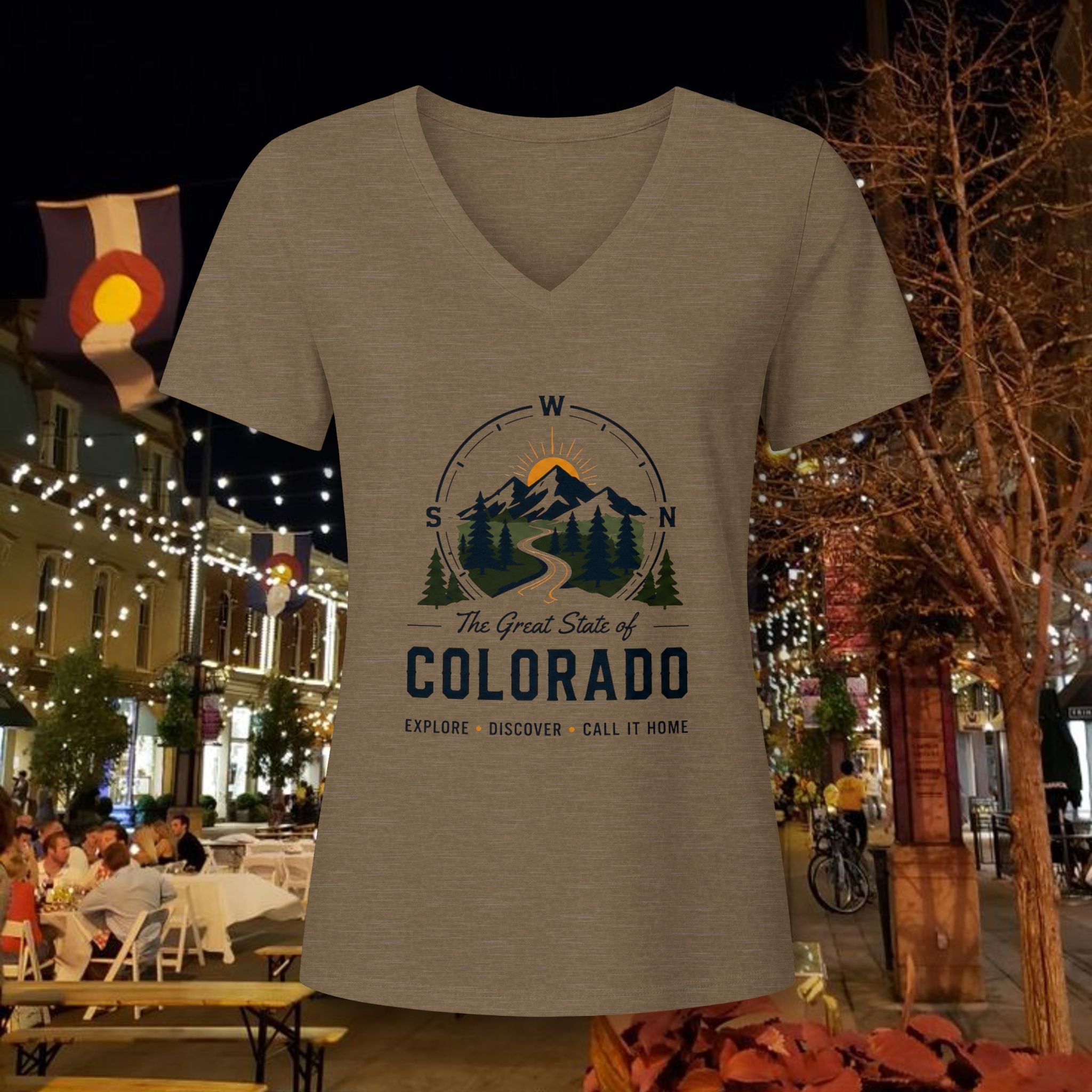 Compass Colorado Mountain V-Neck Tee — The Great State of Colorado Graphic