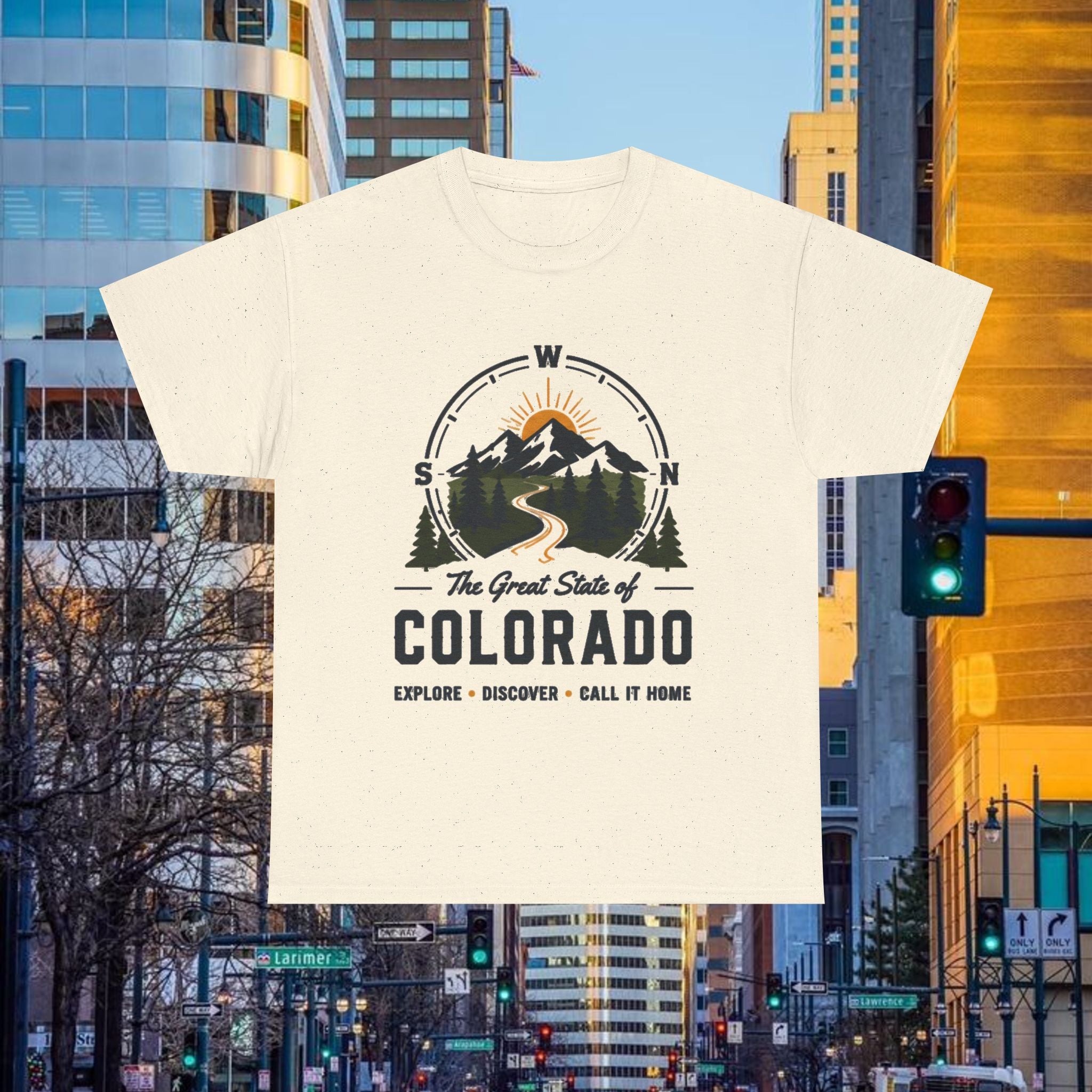Compass Front Great State of Colorado mountain design T-Shirt | Colorado flag sun emblem