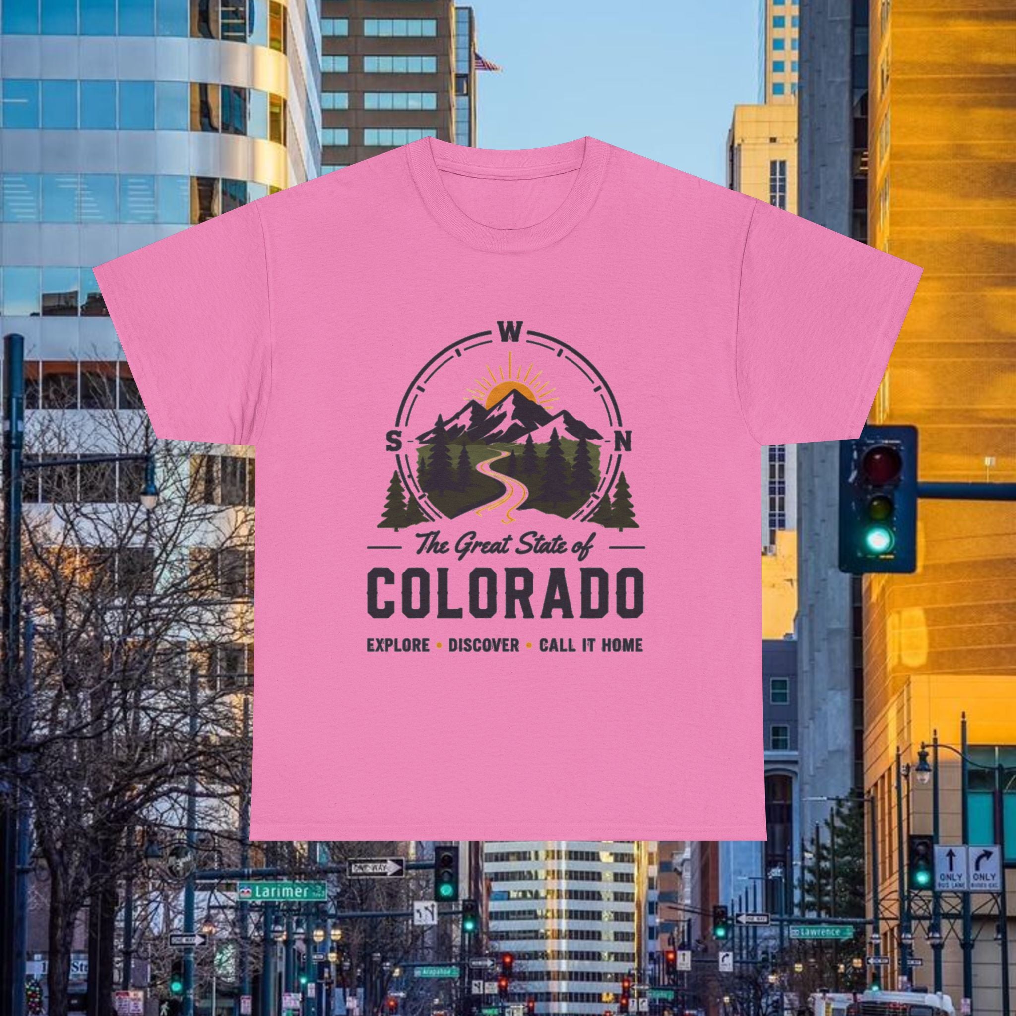 Compass Front Great State of Colorado mountain design T-Shirt | Colorado flag sun emblem