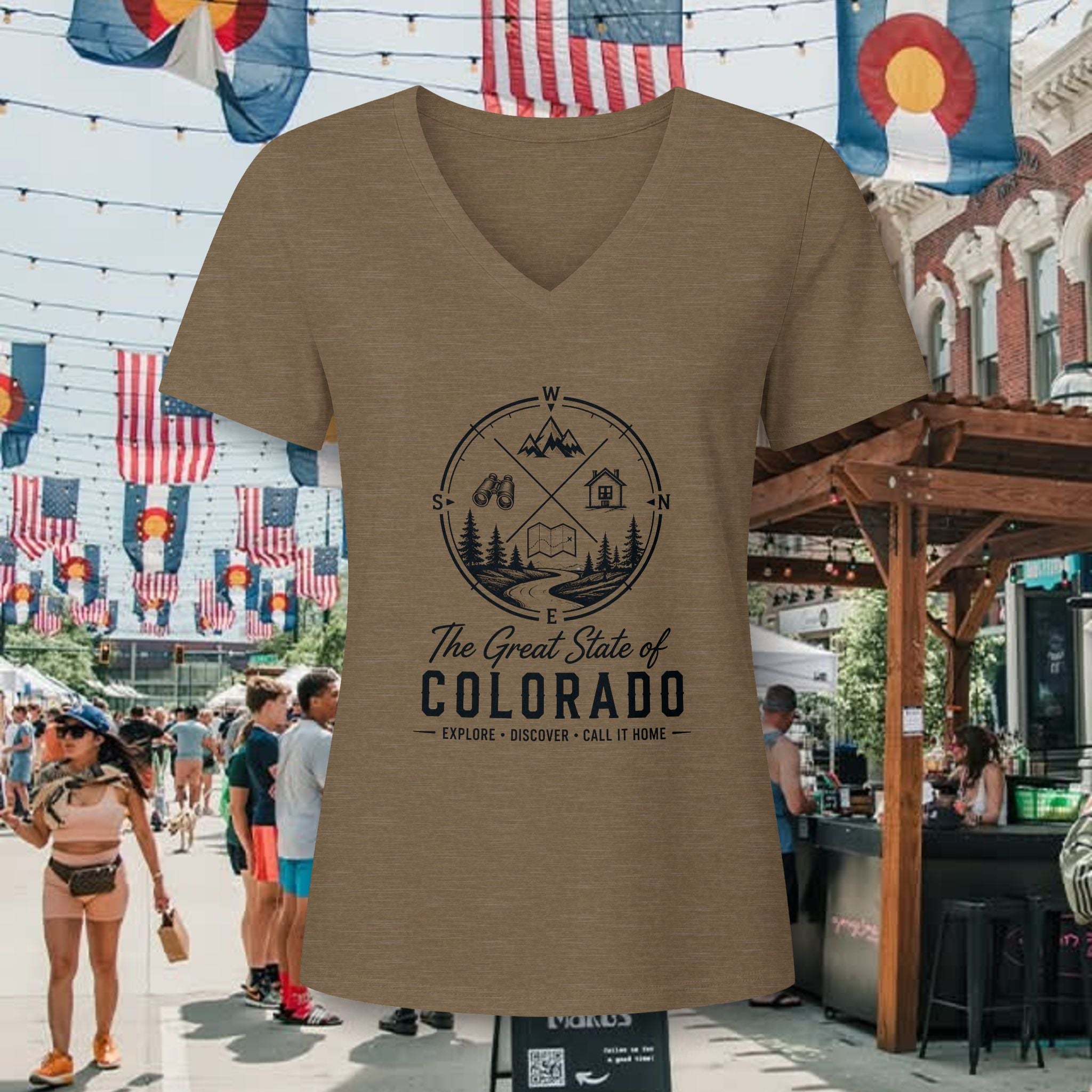 Heritage Colorado Adventure V-Neck Tee — "The Great State of Colorado" Outdoor Mountain Travel Shirt