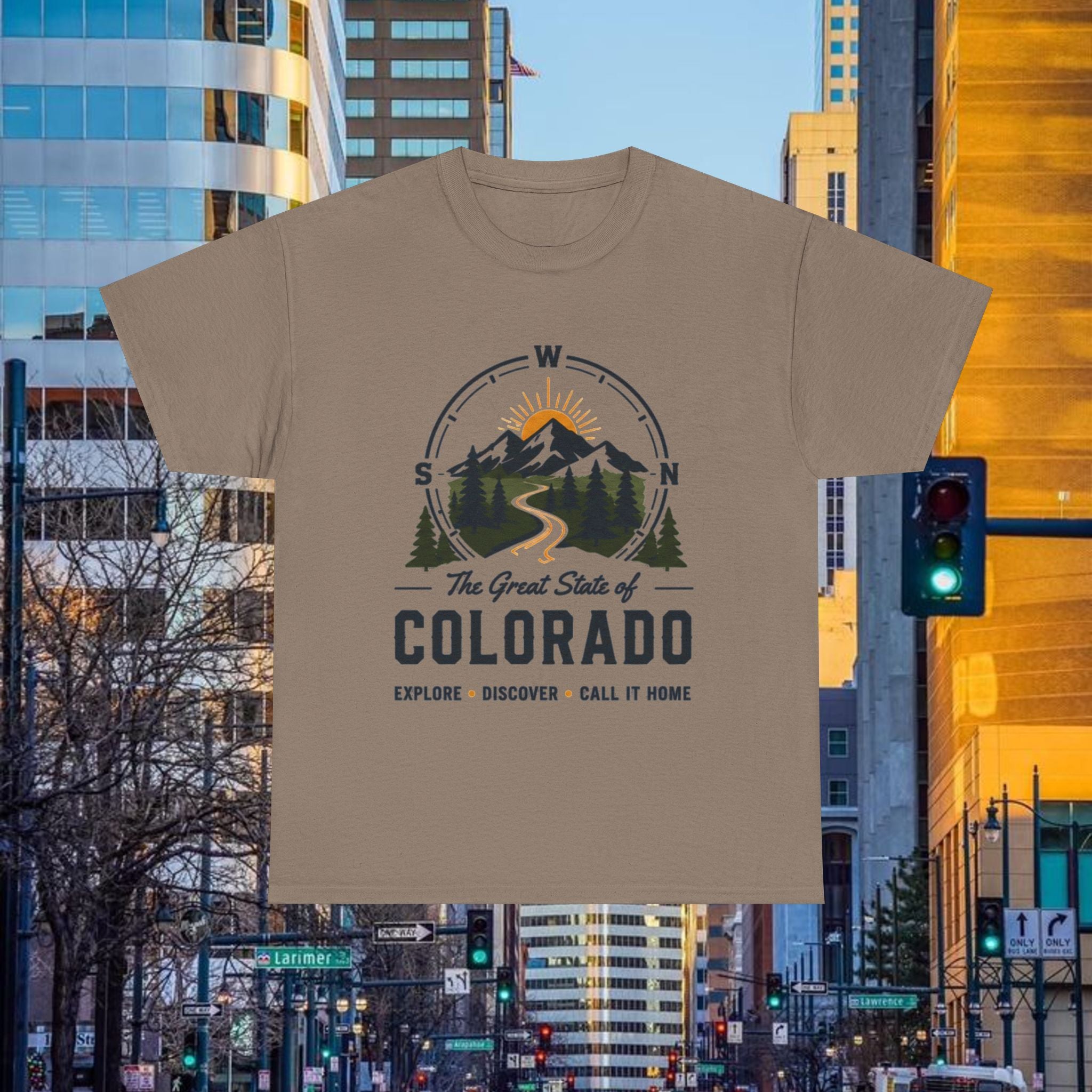 Compass Front Great State of Colorado mountain design T-Shirt | Colorado flag sun emblem