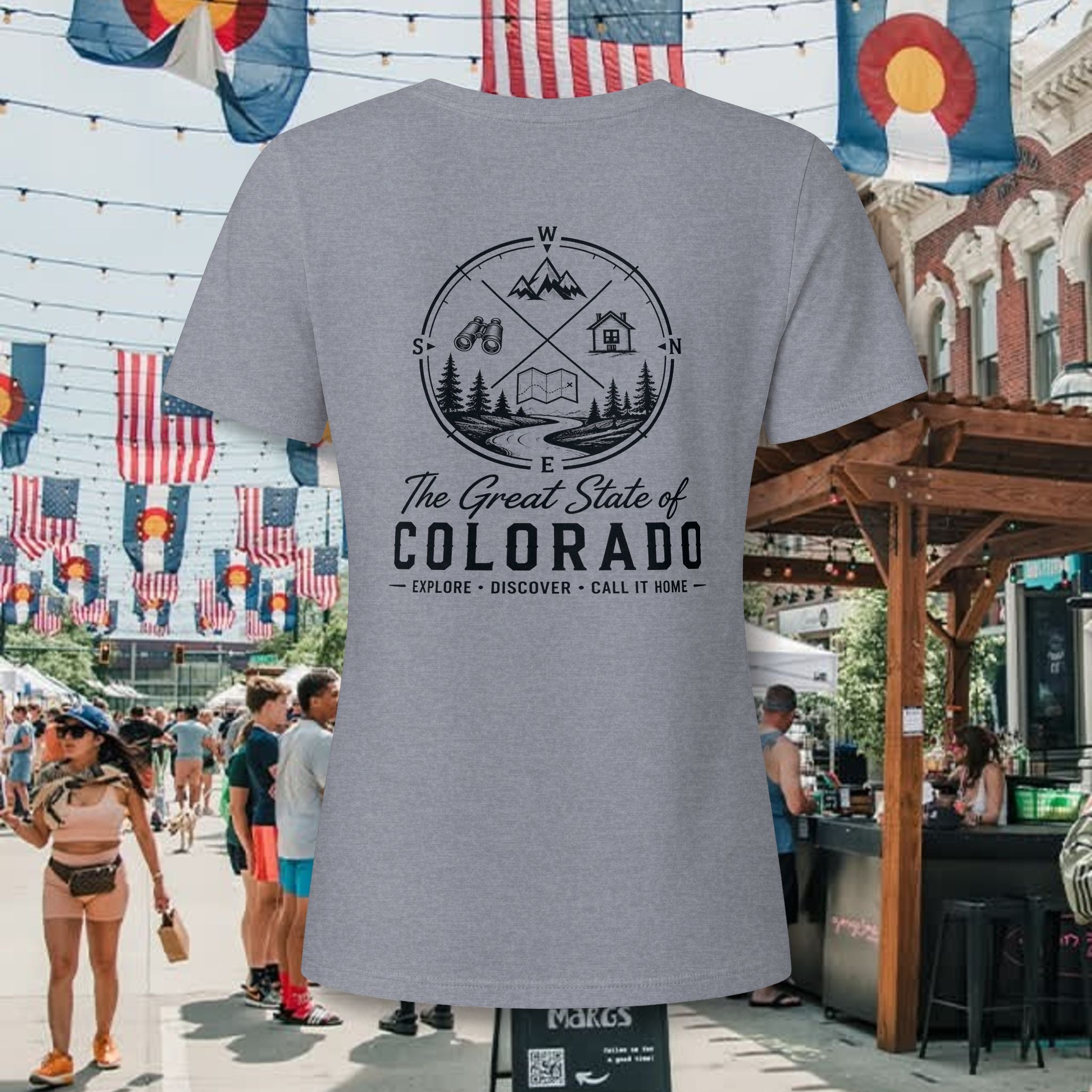 Heritage Back Colorado Outdoor V-Neck Tee — "The Great State of Colorado" Adventure Graphic