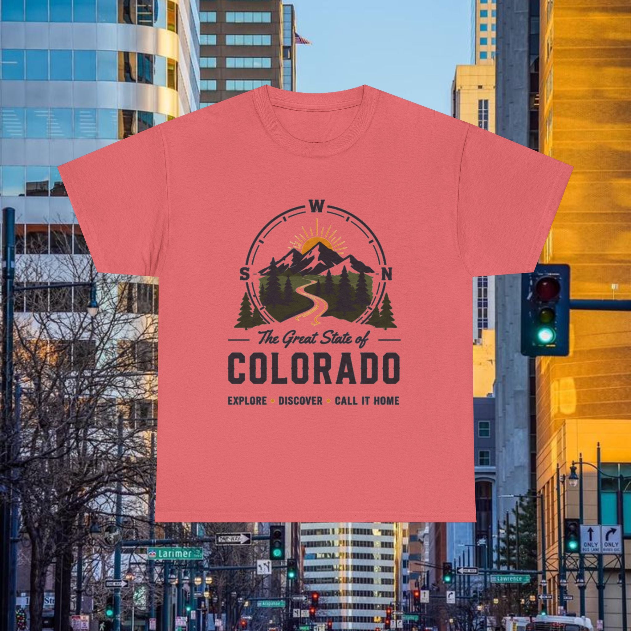 Compass Front Great State of Colorado mountain design T-Shirt | Colorado flag sun emblem