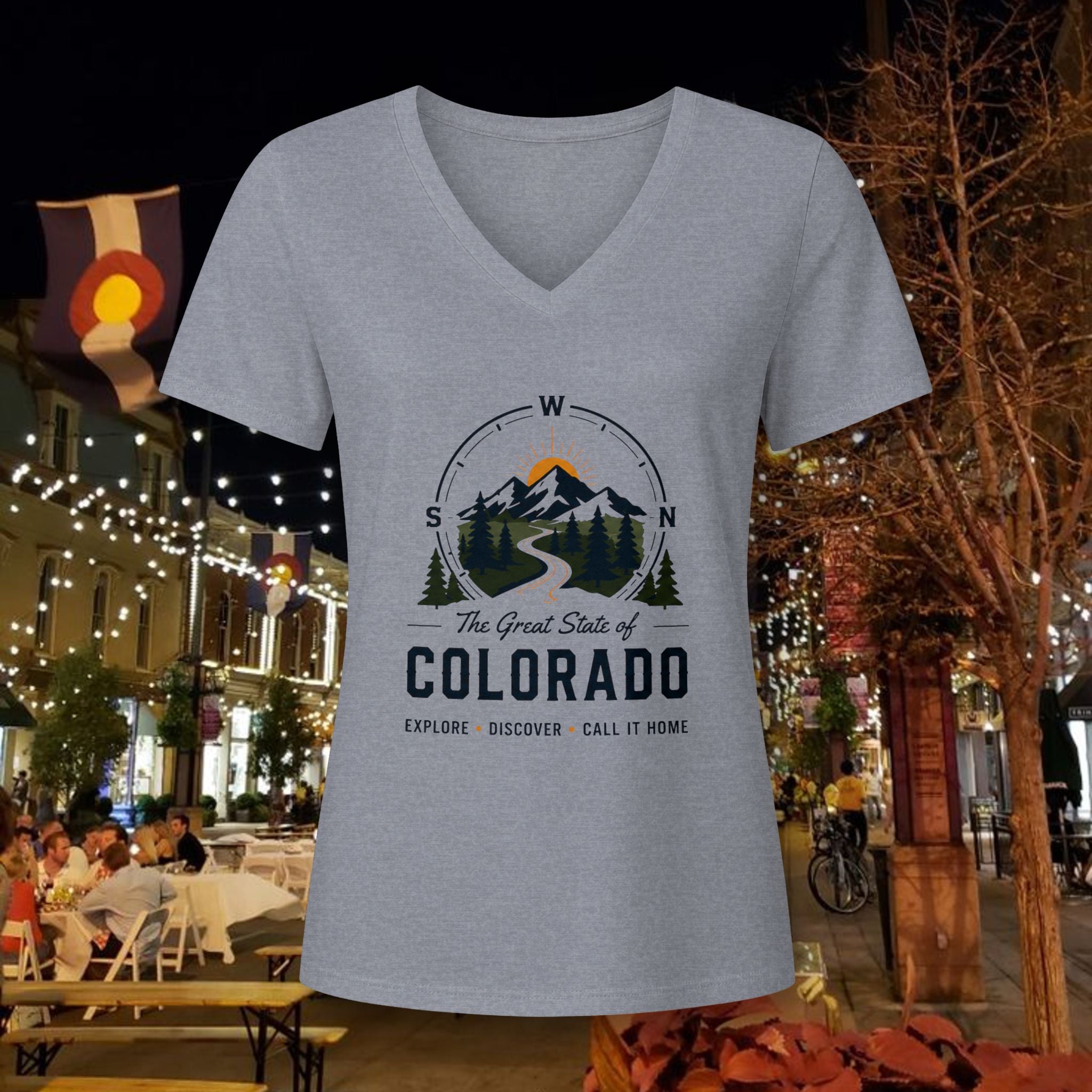 Compass Colorado Mountain V-Neck Tee — The Great State of Colorado Graphic
